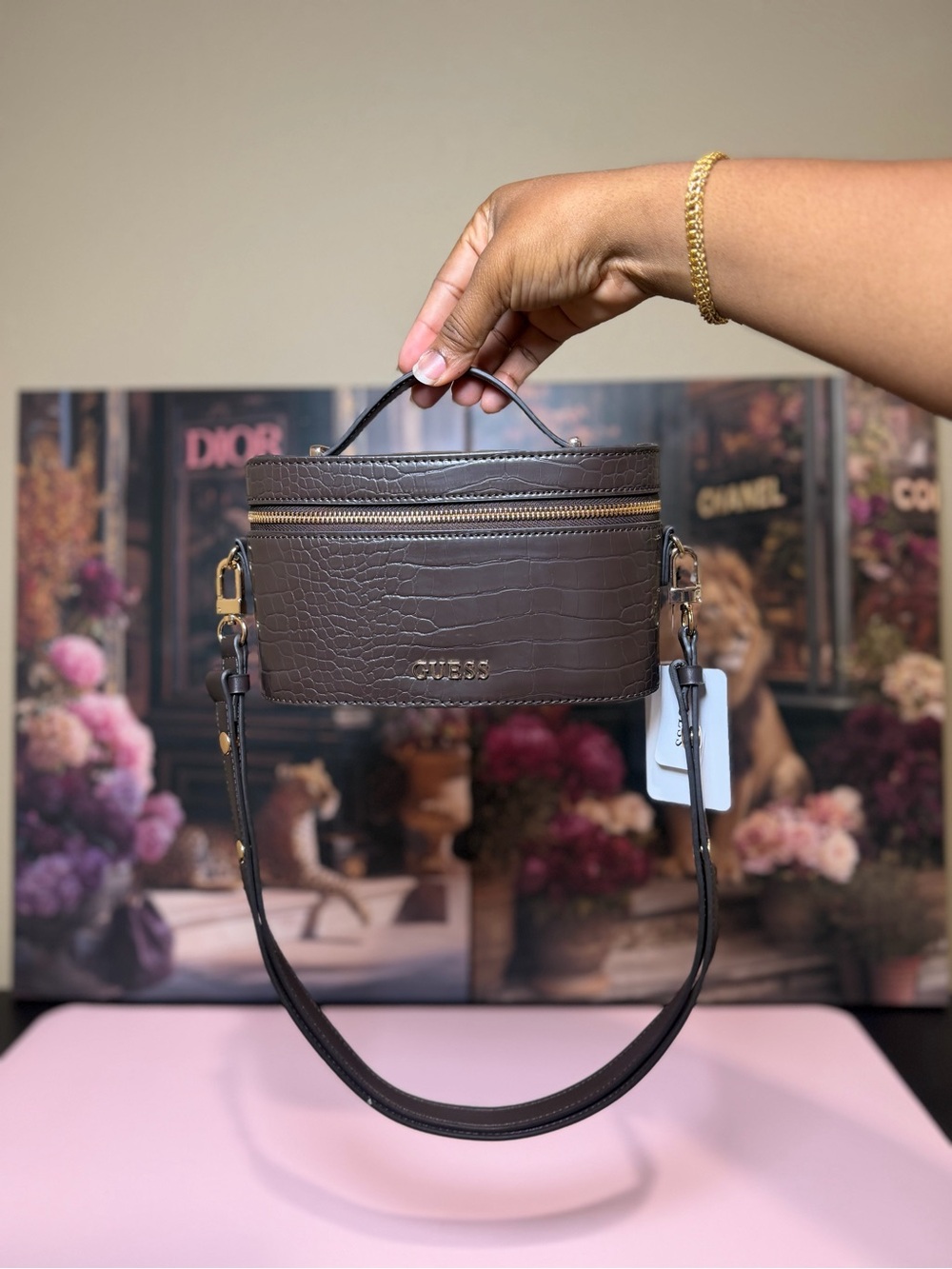 GUESS Brown Croc-Embossed Top-Handle Mini Crossbody
